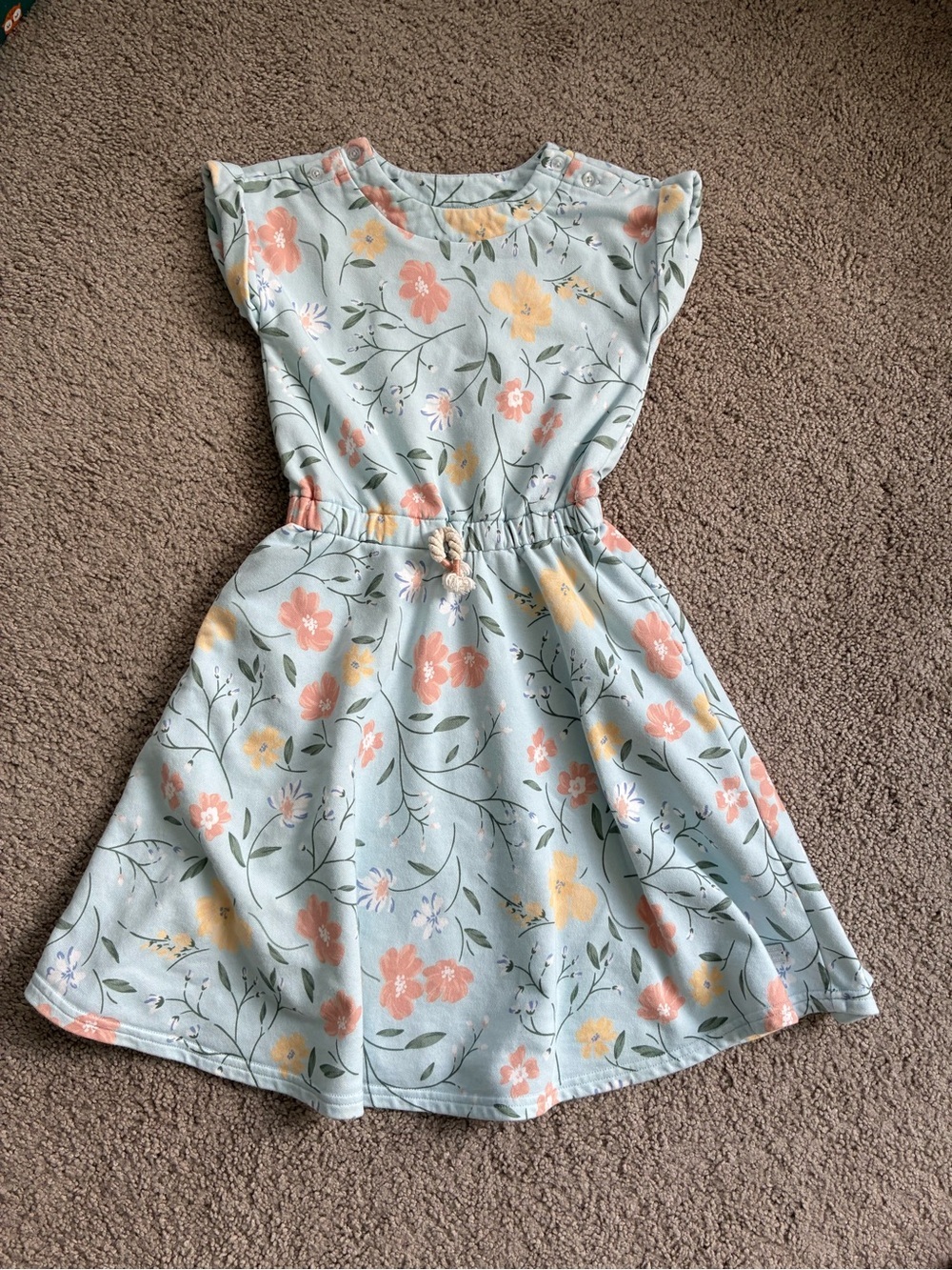 deux par deux Floral Knit Light Blue Terry Dress with Peach and Yellow Blooms